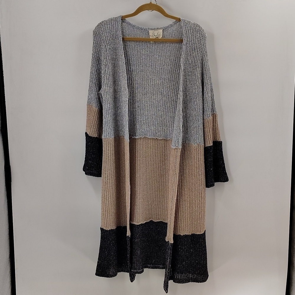 Fantastic Fawn Open Cardigan Sweater Size Medium Color Block Gray Tan Black